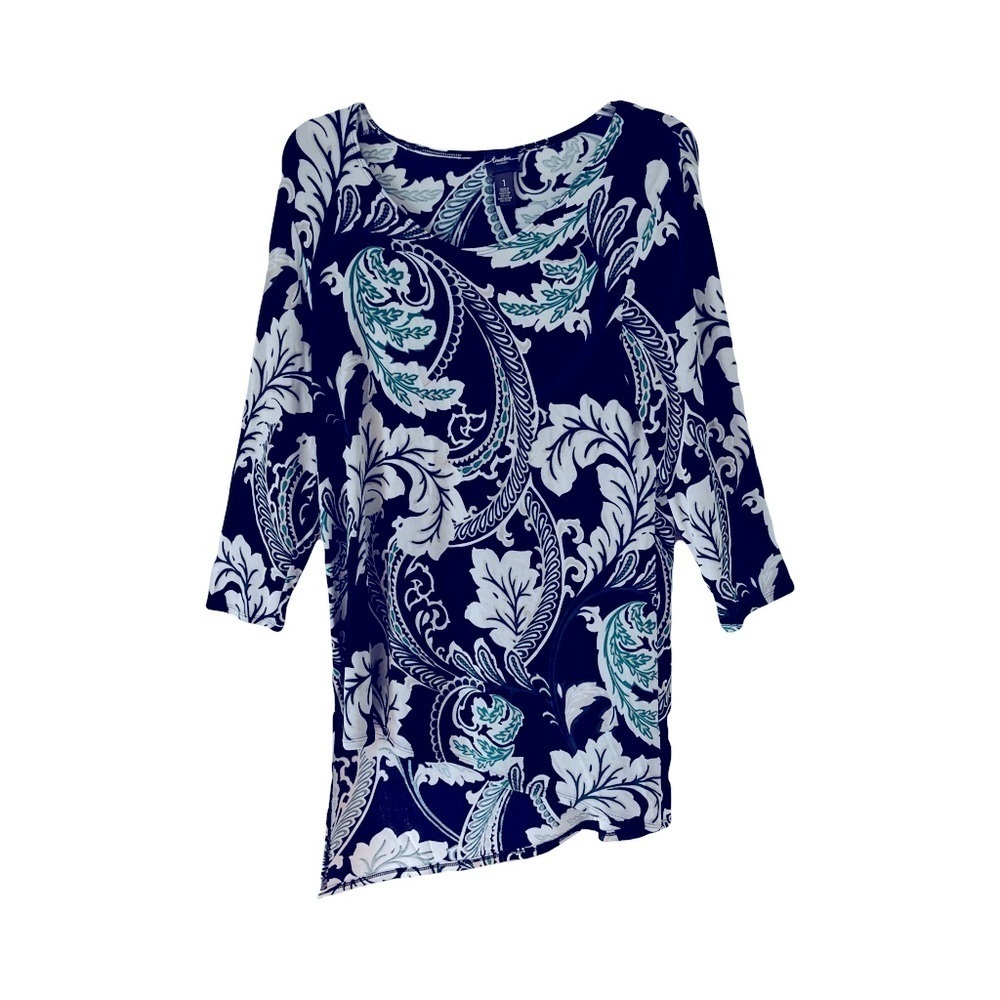 Chico’s Travelers | Black Green Leaf Print Asymmetrical Top, Medium